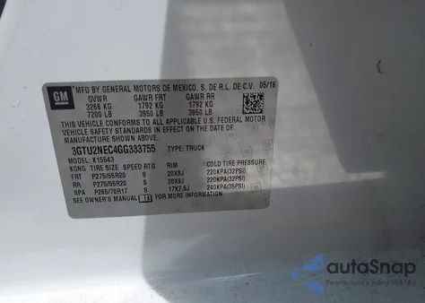 2016 GMC Sierra 1500 Slt z USA, uszkodzony, nr VIN 3GTU2NEC4GG333755